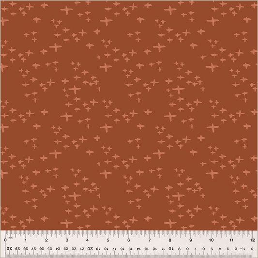 Cotton quilting fabric pattern called 'Glimmer in Brick'. Part of the 'Moonlit' fabric collection. Designed by Jennifer Moore / Monaluna for fabric company Windham Fabrics. SKU: 54289-4. 44-45 inch width.