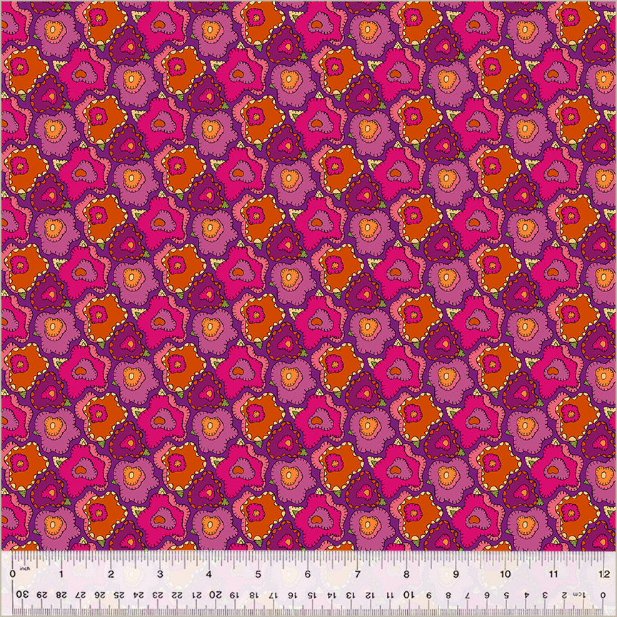 Cotton quilting fabric pattern called 'Pop in Magenta'. Part of the 'Twilight' fabric collection. Designed by Sally Kelly for fabric company Windham Fabrics. SKU: 54303D-4. 44-45 inch width.