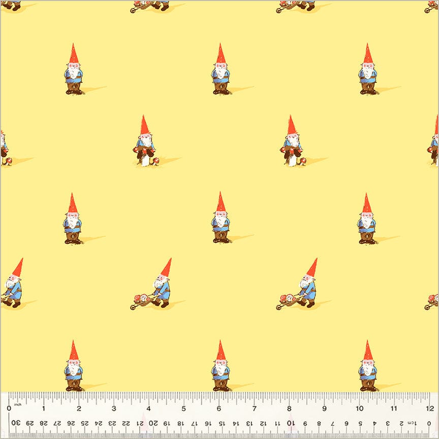 A closeup of the quilting fabric pattern called Gnomes, by Heather Ross, in the yellow colorway. The SKU is 54324D-2.