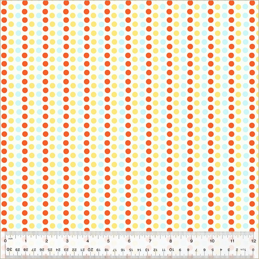 A closeup shot of the quilting fabric pattern called Dots, designed by Heather Ross, in the blue & yellow colorway. The SKU is 54326D-4.
