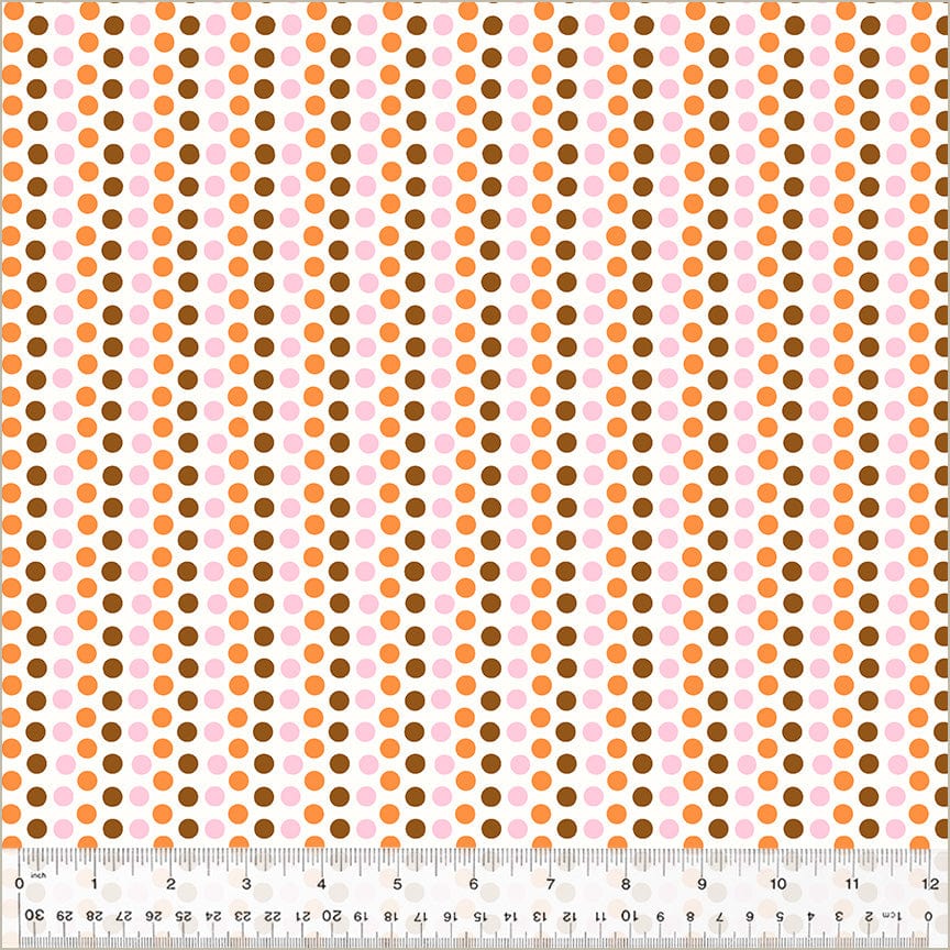 A closeup shot of the quilting fabric pattern called Dots, designed by Heather Ross, in the pink & orange colorway. The SKU is 54326D-5.