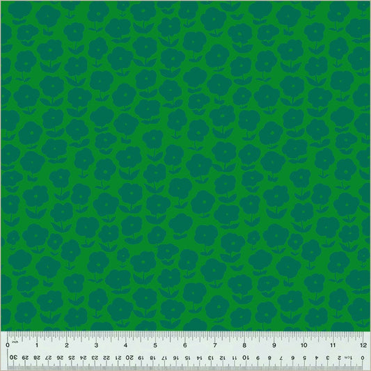 High Density Cotton quilting fabric pattern called 'Puffy Daisy in Ferns'. Part of the 'Ruby and Bee Blenders' fabric collection. Designed by Heather Ross for the Windham Fabrics fabric company. SKU: 54413-3. 44-45 inch width.