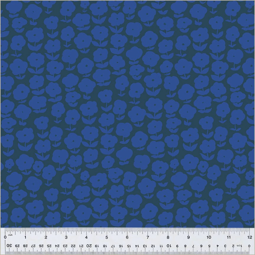High Density Cotton quilting fabric pattern called 'Puffy Daisy in Ink/Majorelle'. Part of the 'Ruby and Bee Blenders' fabric collection. Designed by Heather Ross for the Windham Fabrics fabric company. SKU: 54413-4. 44-45 inch width.