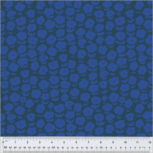 High Density Cotton quilting fabric pattern called 'Puffy Daisy in Ink/Majorelle'. Part of the 'Ruby and Bee Blenders' fabric collection. Designed by Heather Ross for the Windham Fabrics fabric company. SKU: 54413-4. 44-45 inch width.