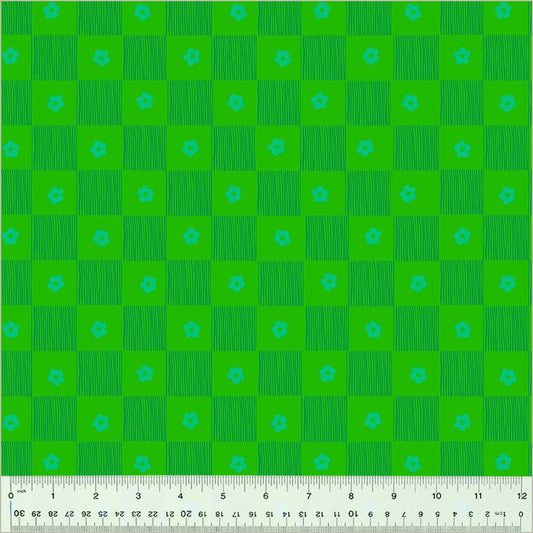 High Density Cotton quilting fabric pattern called 'Footpath in Clover'. Part of the 'Ruby and Bee Blenders' fabric collection. Designed by Heather Ross for the Windham Fabrics fabric company. SKU: 54414-10. 44-45 inch width.