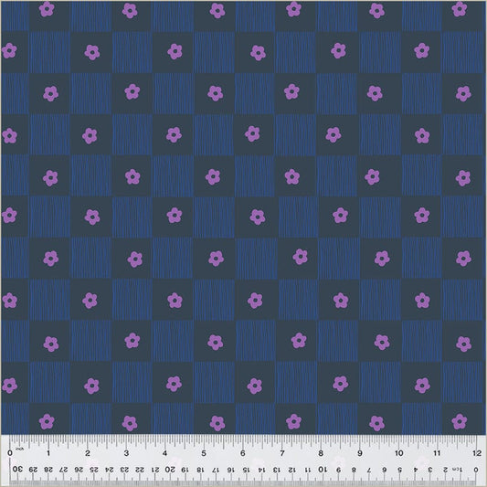 High Density Cotton quilting fabric pattern called 'Footpath in Indigo'. Part of the 'Ruby and Bee Blenders' fabric collection. Designed by Heather Ross for the Windham Fabrics fabric company. SKU: 54414-11. 44-45 inch width.