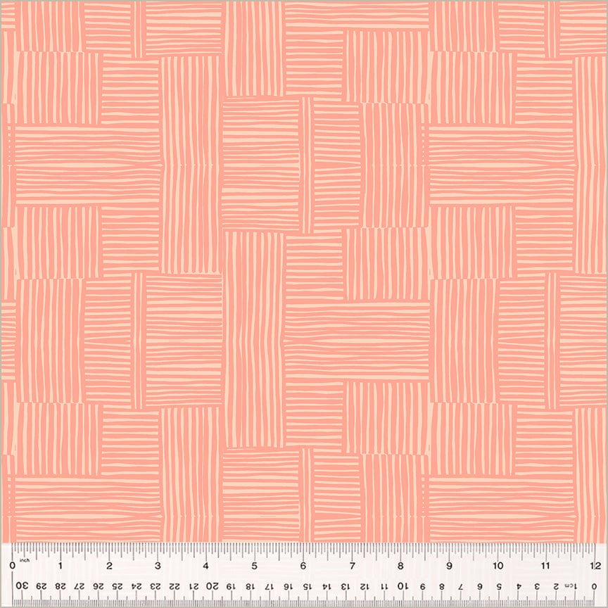 High Density Cotton quilting fabric pattern called 'Woven in Shell/Peachy'. Part of the 'Ruby and Bee Blenders' fabric collection. Designed by Heather Ross for the Windham Fabrics fabric company. SKU: 54416-21. 44-45 inch width.