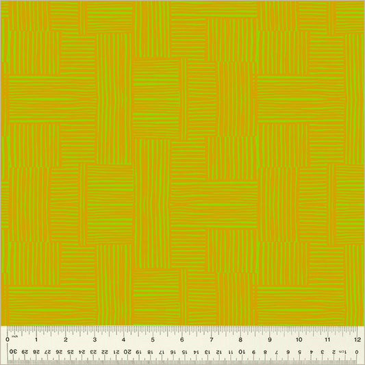 High Density Cotton quilting fabric pattern called 'Woven in Avocado/Turmeric'. Part of the 'Ruby and Bee Blenders' fabric collection. Designed by Heather Ross for the Windham Fabrics fabric company. SKU: 54416-23. 44-45 inch width.