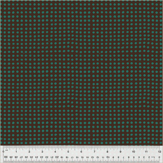 High Density Cotton quilting fabric pattern called 'Dots in Truffle/China Blue'. Part of the 'Ruby and Bee Blenders' fabric collection. Designed by Heather Ross for the Windham Fabrics fabric company. SKU: 54417-32. 44-45 inch width.