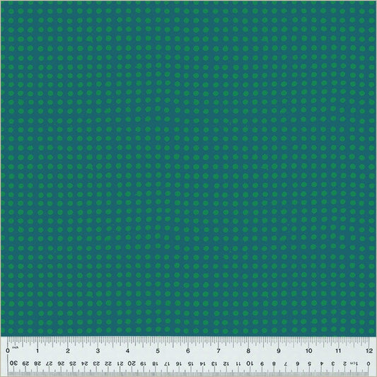 High Density Cotton quilting fabric pattern called 'Dots in Kelp/Evergreen'. Part of the 'Ruby and Bee Blenders' fabric collection. Designed by Heather Ross for the Windham Fabrics fabric company. SKU: 54417-35. 44-45 inch width.