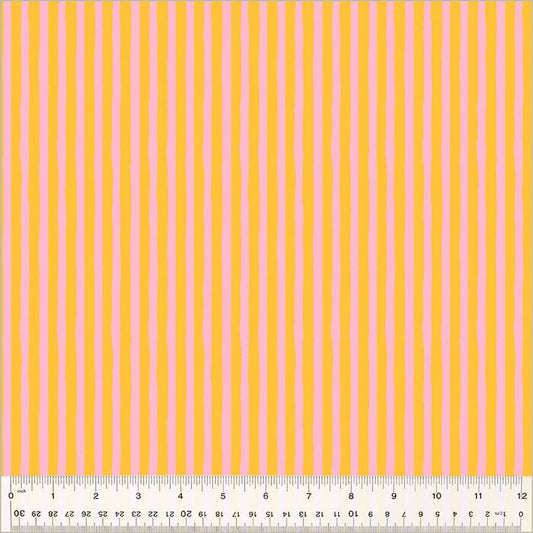 High Density Cotton quilting fabric pattern called 'Drawn Stripe in Turmeric/Vervain'. Part of the 'Ruby and Bee Blenders' fabric collection. Designed by Heather Ross for the Windham Fabrics fabric company. SKU: 54418-36. 44-45 inch width.