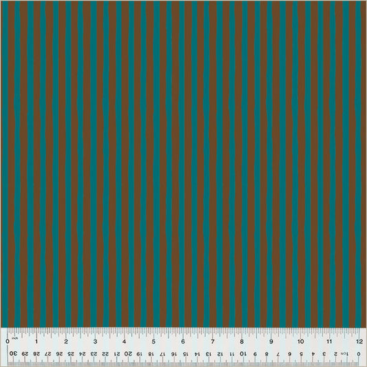 High Density Cotton quilting fabric pattern called 'Drawn Stripe in Provence/Brown'. Part of the 'Ruby and Bee Blenders' fabric collection. Designed by Heather Ross for the Windham Fabrics fabric company. SKU: 54418-37. 44-45 inch width.