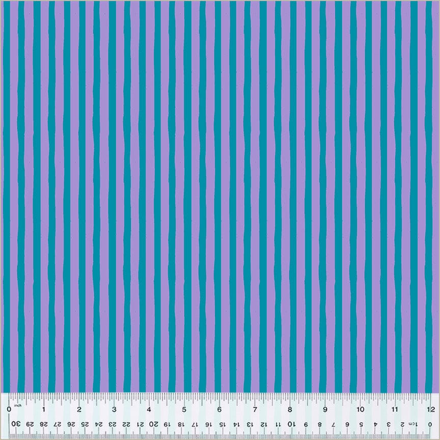 High Density Cotton quilting fabric pattern called 'Drawn Stripe in Salvia/Provence'. Part of the 'Ruby and Bee Blenders' fabric collection. Designed by Heather Ross for the Windham Fabrics fabric company. SKU: 54418-38. 44-45 inch width.