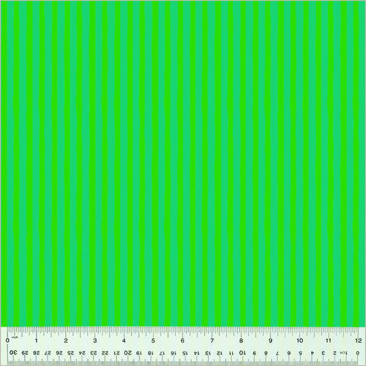 High Density Cotton quilting fabric pattern called 'Drawn Stripe in Pasture/Agave'. Part of the 'Ruby and Bee Blenders' fabric collection. Designed by Heather Ross for the Windham Fabrics fabric company. SKU: 54418-39. 44-45 inch width.