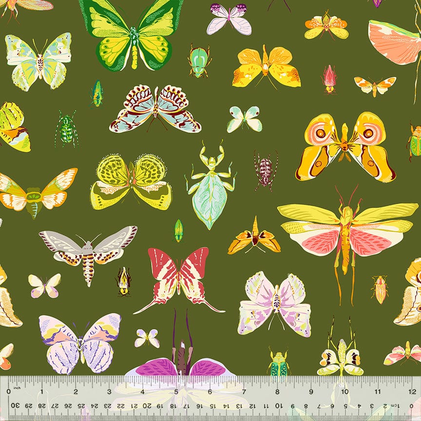A closeup shot of the quilting fabric pattern called On Display, designed by Tamara Kate, in the olive colorway. The SKU is 54652-3.