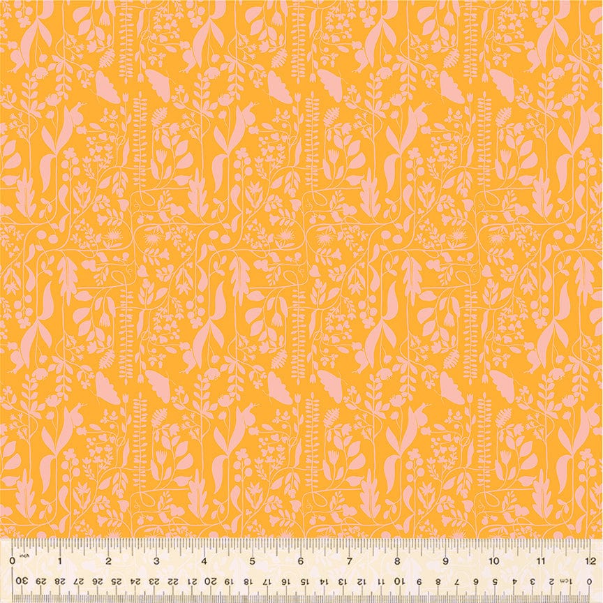 A closeup shot of the quilting fabric pattern called Meander, designed by Tamara Kate, in the orange colorway. The SKU is 54657-16.