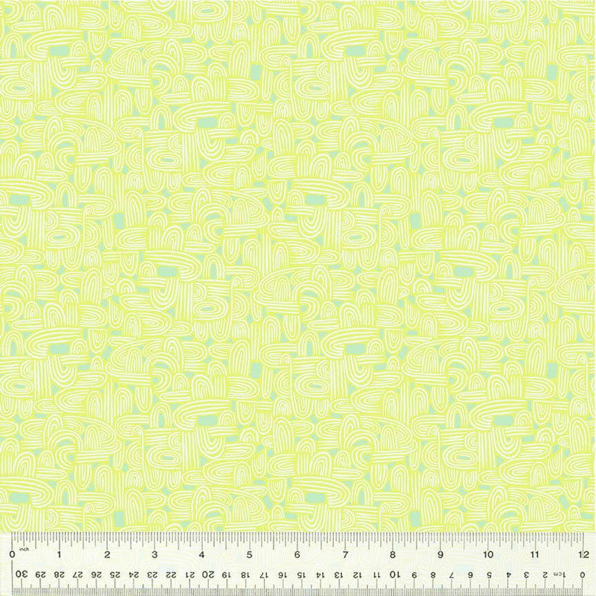 A closeup shot of the quilting fabric pattern called Tunneling, designed by Tamara Kate, in the celery colorway. The SKU is 54658-21.