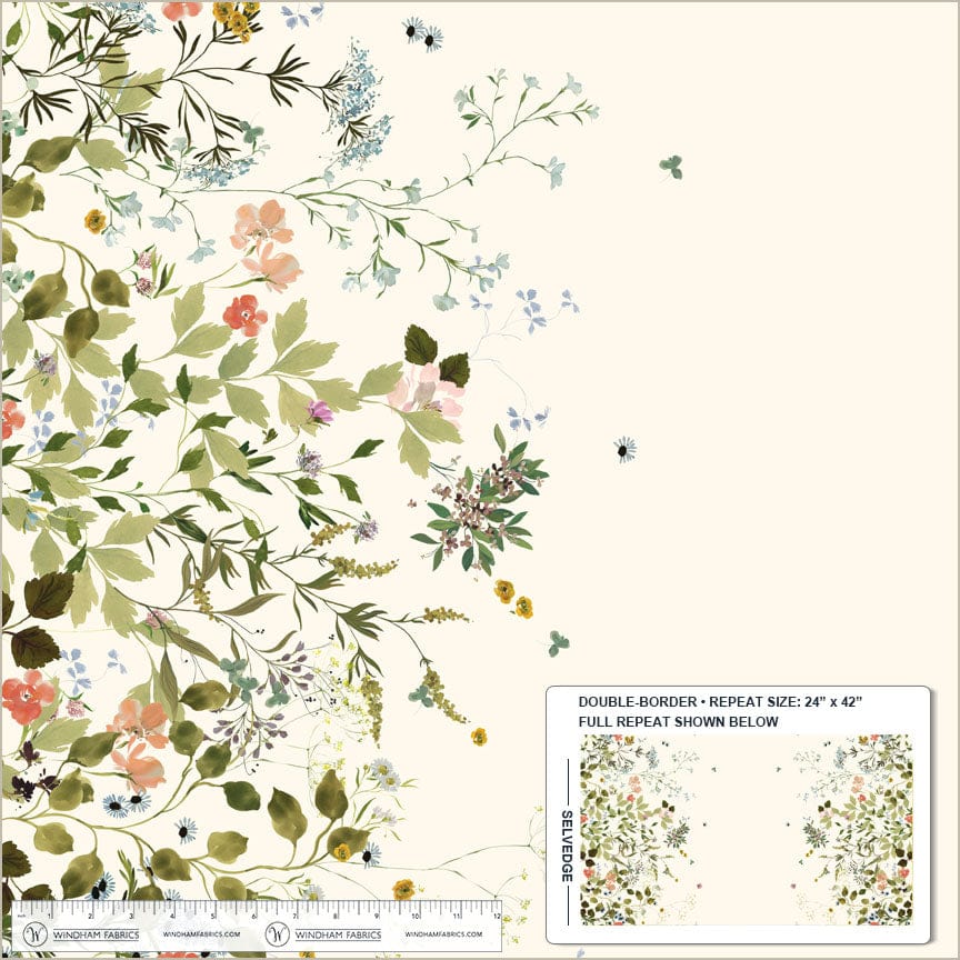 A closeup shot of the quilting fabric pattern called Wild Blooms, designed by Kelly Ventura, in the ivory colorway. The SKU is 54878D-17.