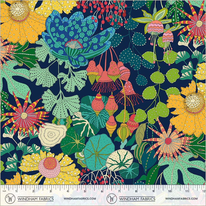 Peony Park Indigo quilting fabric, part of the Sunshine fabric collection by Sally Kelly (SKU: 54974D-1)