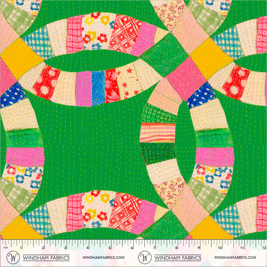Double Wedding Rings Jade quilting fabric, part of the Boat Race fabric collection by Heather Ross (SKU: 55601D-3 Jade)