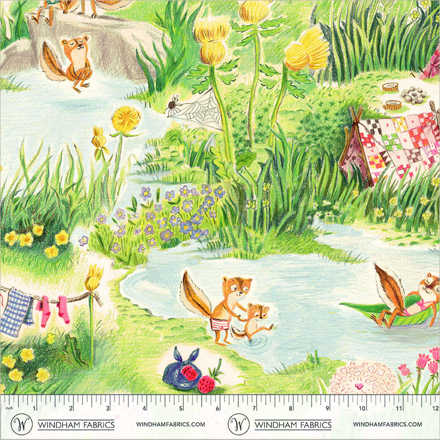 Chipmunks Camping quilting fabric, part of the Boat Race fabric collection by Heather Ross (SKU: 55602D-5 Multi)