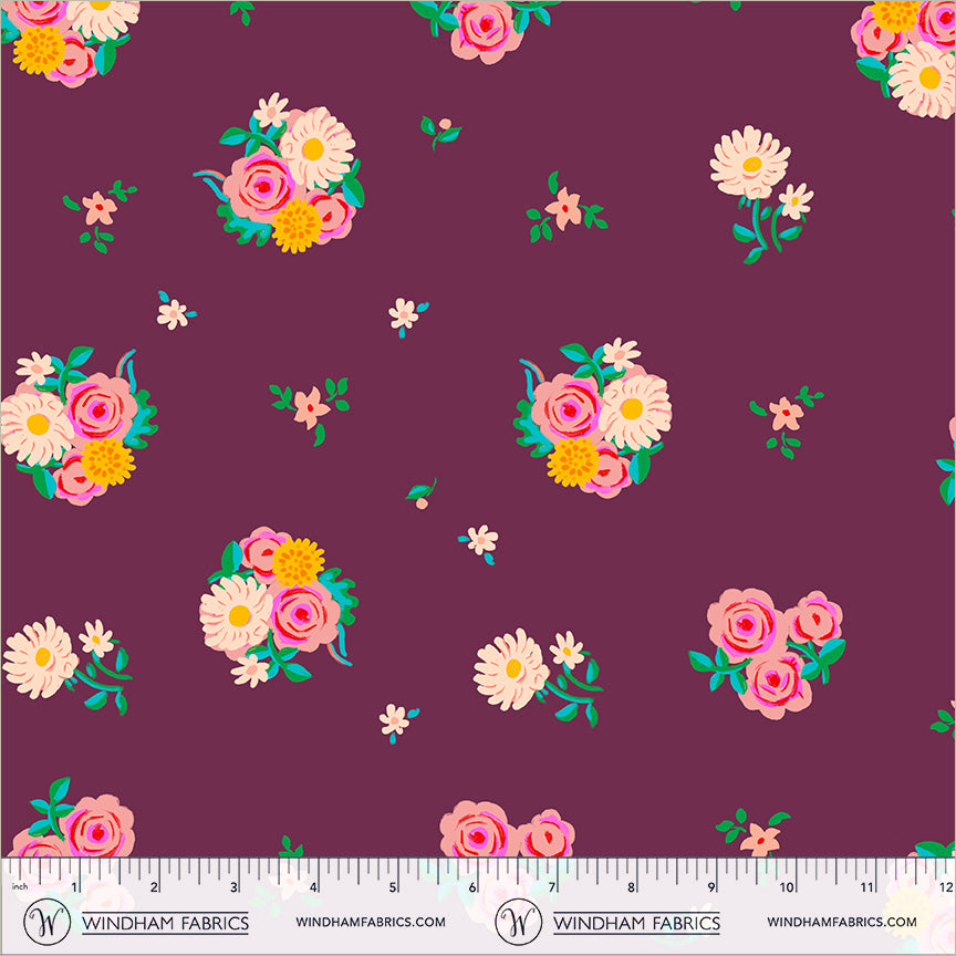 Denyse Floral in Plum quilting fabric, part of the Boat Race fabric collection by Heather Ross (SKU: 55606D-14 Plum)