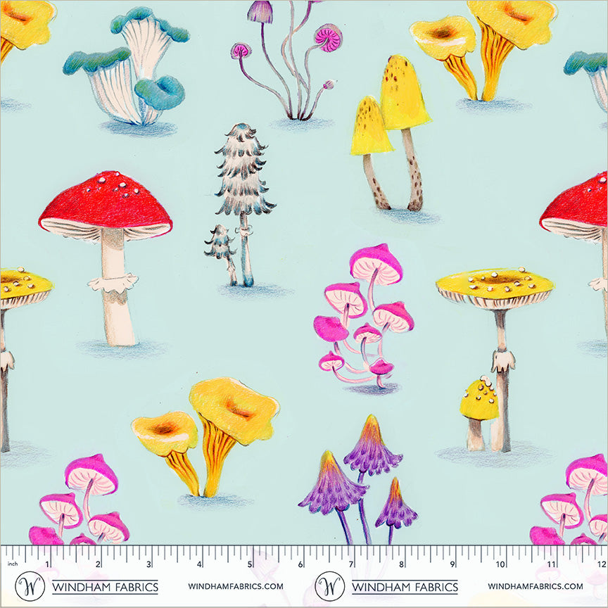 Mushrooms Aqua cotton lawn quilting fabric, part of the Market fabric collection by Heather Ross (SKU: 55799L-6 Aqua)