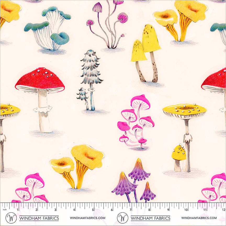 Mushrooms Ivory cotton lawn quilting fabric, part of the Market fabric collection by Heather Ross (SKU: 55799L-7 Ivory)