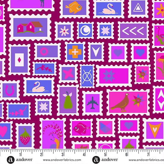 Cotton quilting fabric pattern called 'Collector in Amethyst'. Part of the 'Postmark' fabric collection. Designed by Alison Glass for fabric company Andover Fabrics. SKU: A-1125-P. 44-45 inch width.