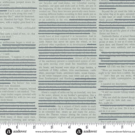 Cotton quilting fabric pattern called 'Redacted Redux in Soot'. Part of the 'Scrawl' fabric collection. Designed by Giucy Giuce for fabric company Andover Fabrics. SKU: A-1213-C. 44-45 inch width.