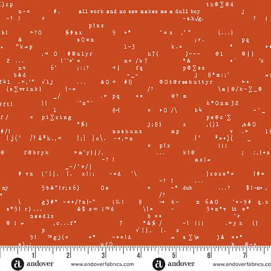 Cotton quilting fabric pattern called 'Punc. in Tomato'. Part of the 'Scrawl' fabric collection. Designed by Giucy Giuce for fabric company Andover Fabrics. SKU: A-1215-R. 44-45 inch width.