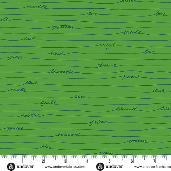 Cotton quilting fabric pattern called 'Longhand in Clover'. Part of the 'Scrawl' fabric collection. Designed by Giucy Giuce for fabric company Andover Fabrics. SKU: A-1216-G. 44-45 inch width.