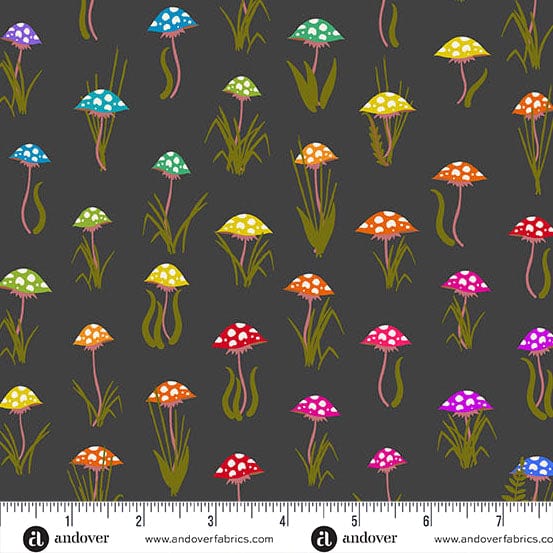 A closeup shot of the quilting fabric pattern called Night Mushroom Parade, designed by Alison Glass as part of the Color Wheel collection. The SKU is A-1444-K.