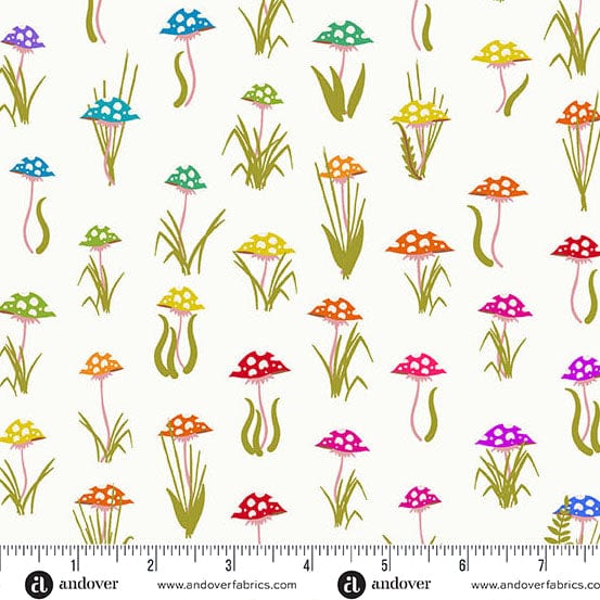 A closeup shot of the quilting fabric pattern called Day Mushroom Parade, designed by Alison Glass as part of the Color Wheel collection. The SKU is A-1444-L.