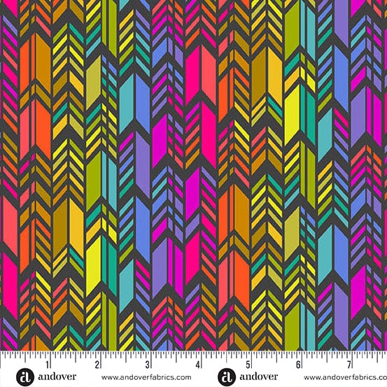A closeup shot of the quilting fabric pattern called Night Spectrum Feathers, designed by Alison Glass as part of the Color Wheel collection. The SKU is A-1445-K.