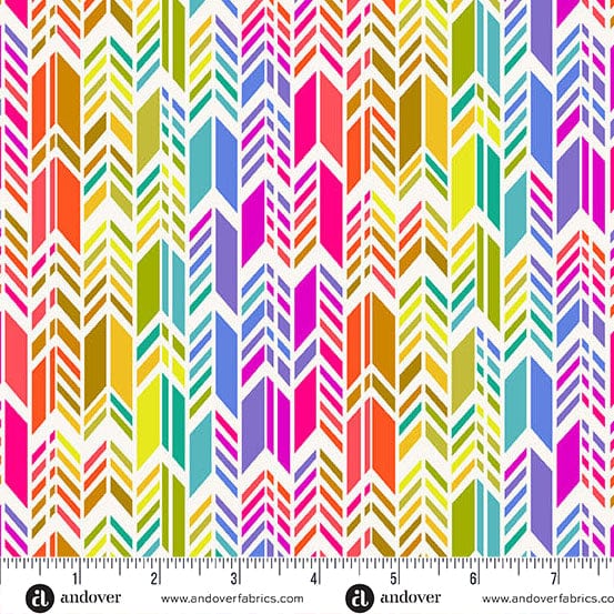 A closeup shot of the quilting fabric pattern called Day Spectrum Feathers, designed by Alison Glass as part of the Color Wheel collection. The SKU is A-1445-L.