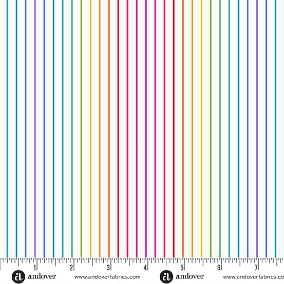 A closeup shot of the quilting fabric pattern called Day Spectrum Stripe, designed by Alison Glass as part of the Color Wheel collection. The SKU is A-1447-L.