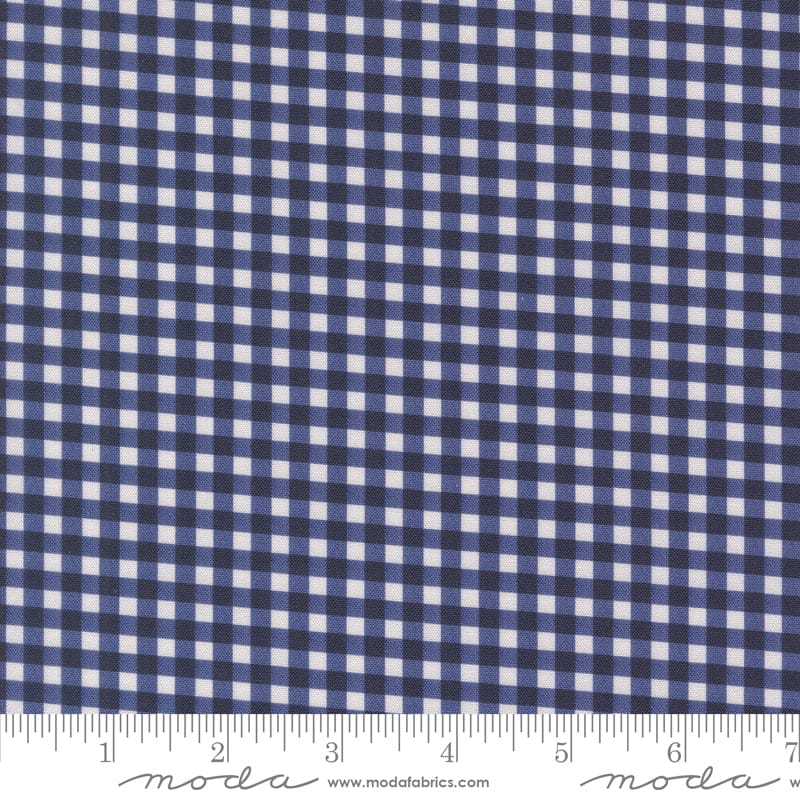 Cotton quilting fabric pattern called 'Gingham in Indigo'. Part of the 'Farm and Garden' fabric collection. Designed by Cathe Holden for fabric company MODA. SKU: 7480 16. 44-45 inch width.