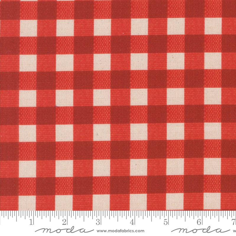 Cotton Canvas quilting fabric pattern called 'Gingham Cotton Canvas in Tomato'. Part of the 'Farm and Garden' fabric collection. Designed by Cathe Holden for the MODA fabric company. SKU: 7484 14C. 44-45 inch width.