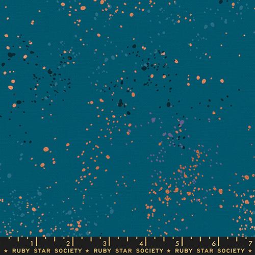 A closeup shot of the canvas fabric pattern called Speckled, designed by Rashida Coleman Hale, in the Teal colorway. The SKU is RS11177 53LM