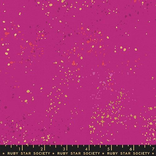 A closeup shot of the canvas fabric pattern called Speckled, designed by Rashida Coleman Hale, in the Berry colorway. The SKU is RS11177 62LM
