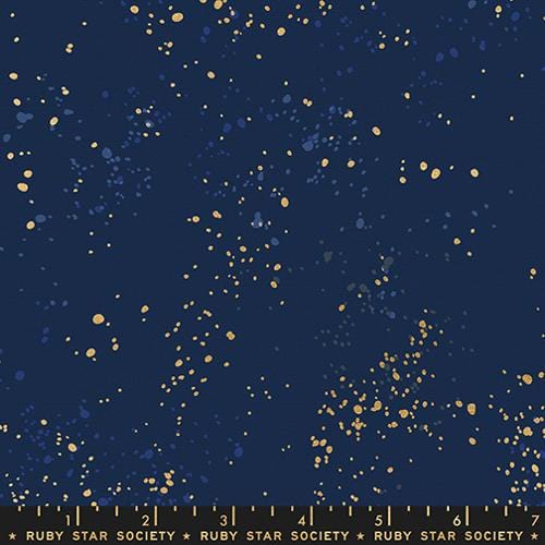 A closeup shot of the canvas fabric pattern called Speckled, designed by Rashida Coleman Hale, in the Navy colorway. The SKU isRS11177 105LM