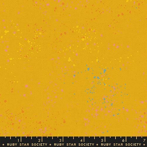 A closeup shot of the canvas fabric pattern called Speckled, designed by Rashida Coleman Hale, in the Goldenrod colorway. The SKU is RS11177 112L