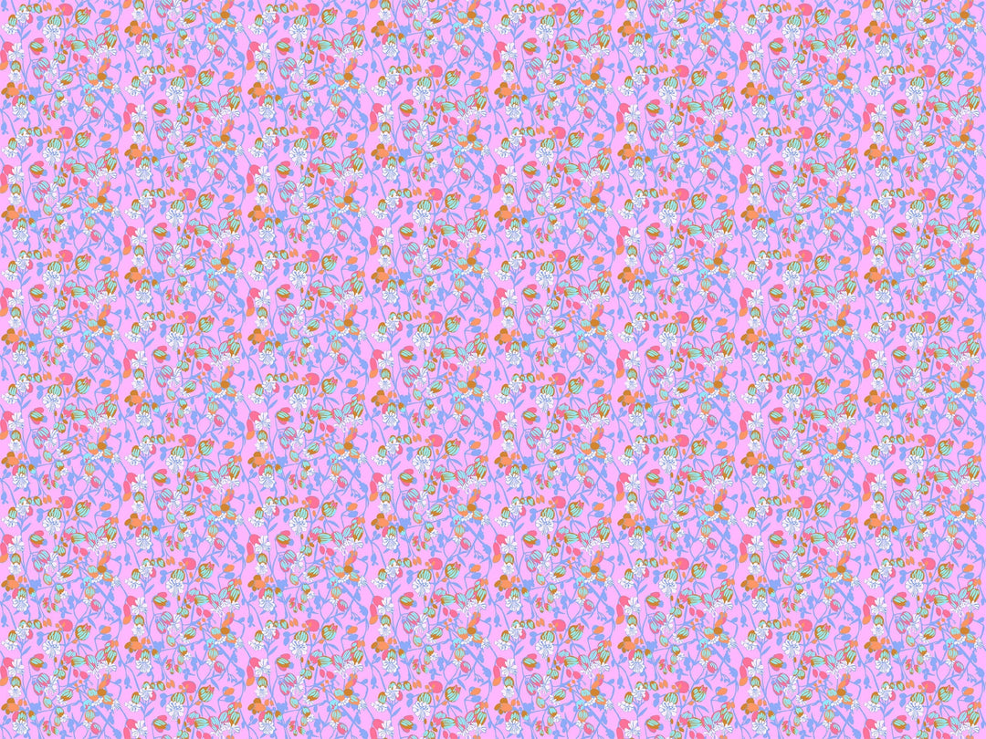 A closeup shot of the quilting fabric pattern called Silene, designed by Anna Maria Horner, in the periwinkle colorway. The SKU is AMT127-83C.