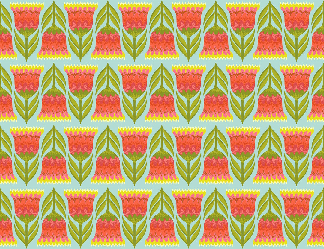 A closeup shot of the quilting fabric pattern called Celosia, designed by Anna Maria Horner, in the lime colorway. The SKU is AMT130-74V.