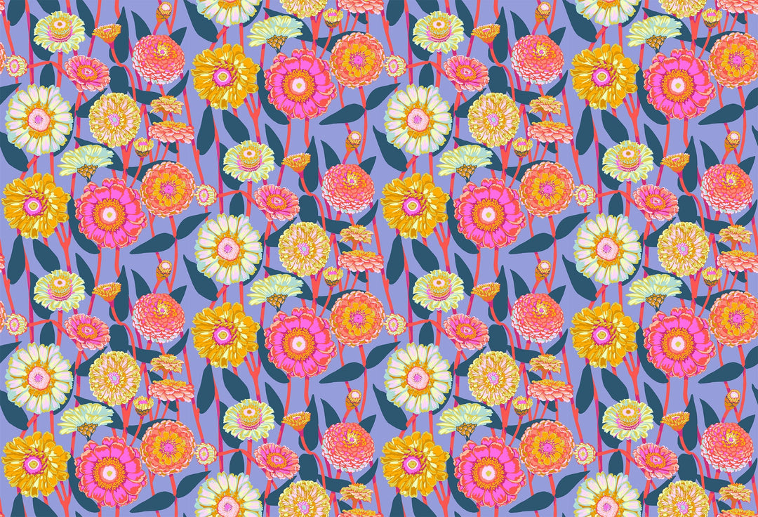 A closeup shot of the quilting fabric pattern called Zinnia Show, designed by Anna Maria Horner, in the glow colorway. The SKU is AMT131-42C.
