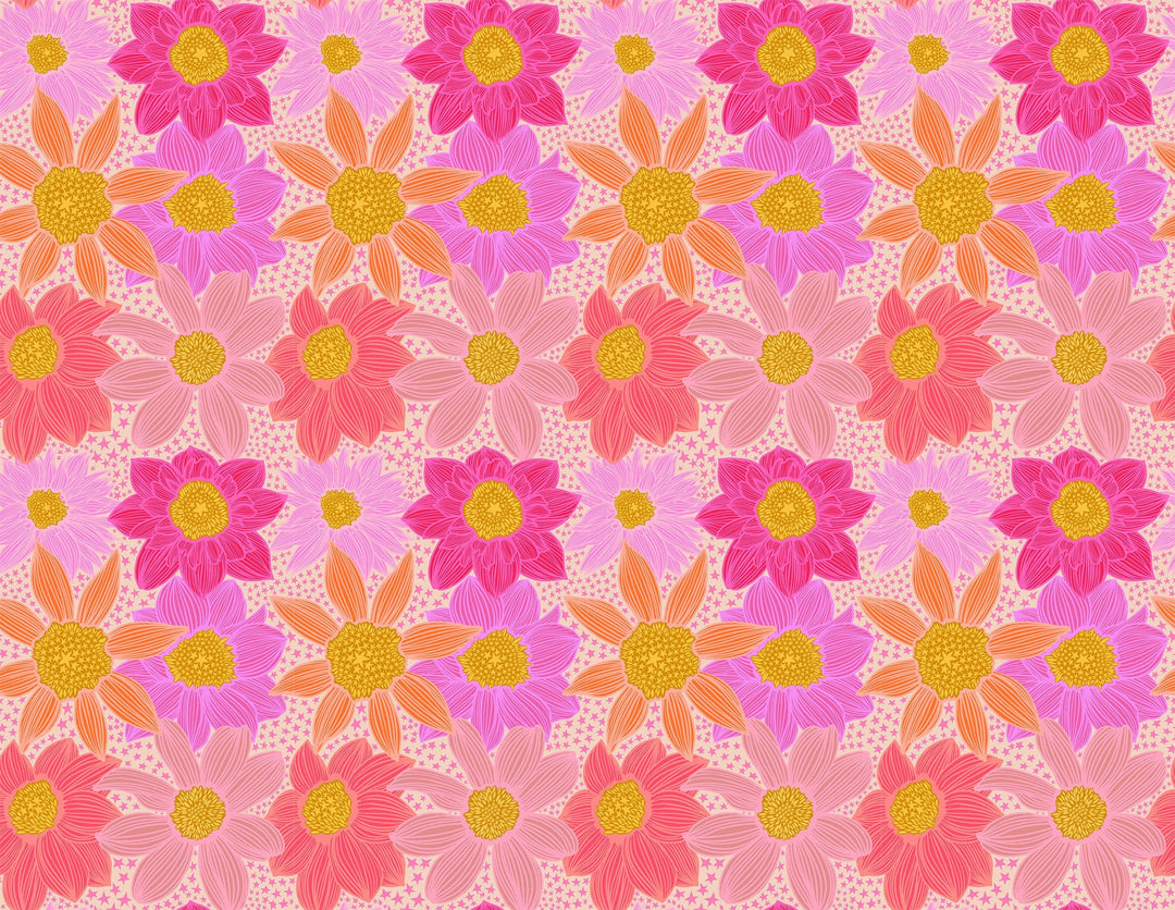 A closeup shot of the quilting fabric pattern called Stars and Stripes, designed by Anna Maria Horner, in the pink colorway. The SKU is AMT132-23C.