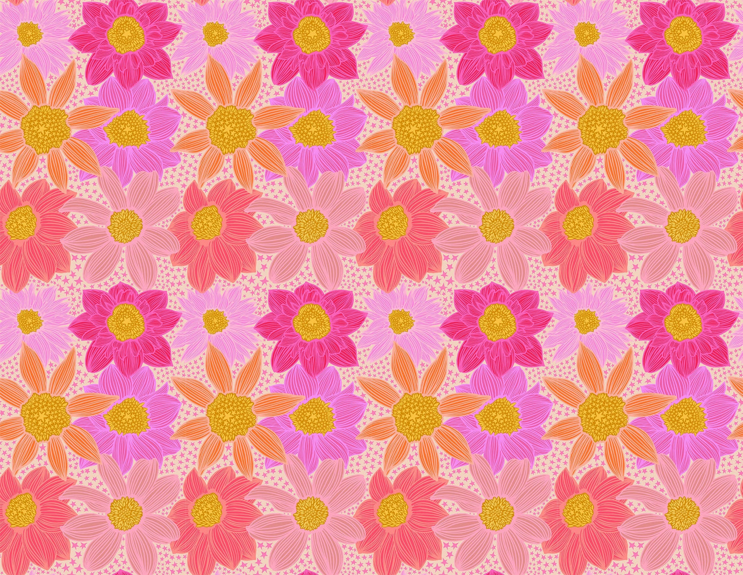 A closeup shot of the quilting fabric pattern called Stars and Stripes, designed by Anna Maria Horner, in the pink colorway. The SKU is AMT132-23C.