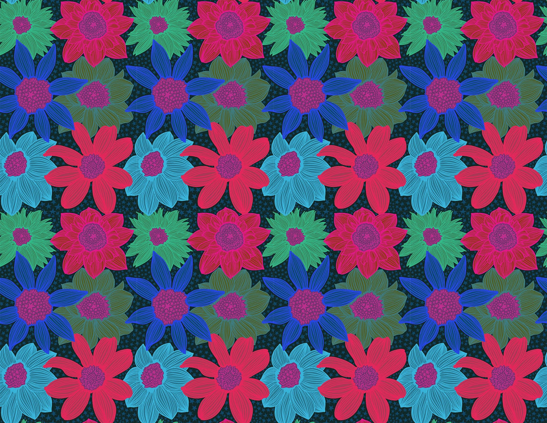A closeup shot of the quilting fabric pattern called Stars and Stripes, designed by Anna Maria Horner, in the navy colorway. The SKU is AMT132-49L.