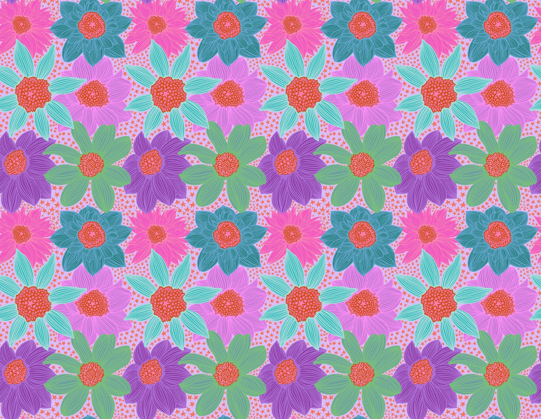 A closeup shot of the quilting fabric pattern called Stars and Stripes, designed by Anna Maria Horner, in the lavender colorway. The SKU is AMT132-84V.